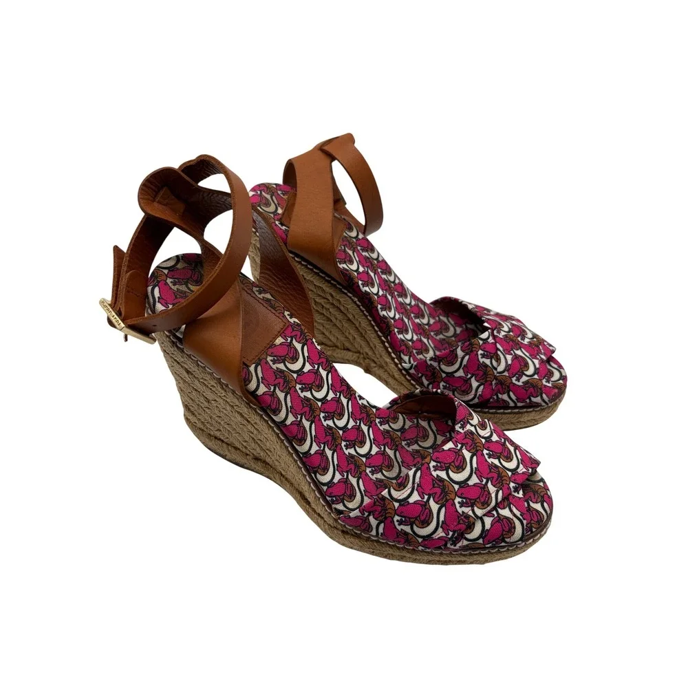Tory Burch Espadrille Wedge Sandals Womens 8B Pink Tan Good Leather Canvas Spain